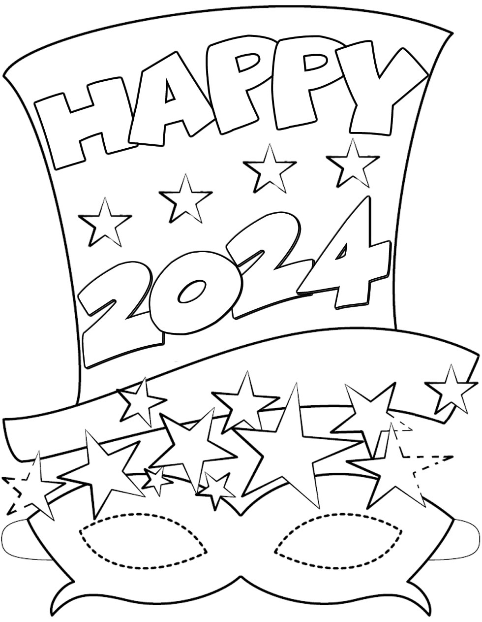 Ausmalbild Zylinder Hut Neujahr 2025