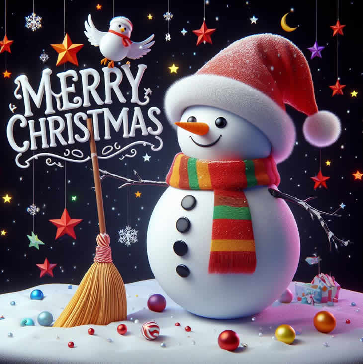 schönes Bild mit einem Schneemann mit Hundekopf, für schöne Feiertage für die Kleinen, mit den Worten Frohe Weihnachten auf Englisch