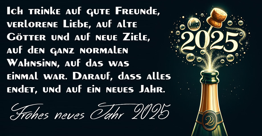 Bild zur Feier des neuen Jahres und fröhlicher Text der Wünsche: Ich trinke auf gute Freunde, verlorene Liebe, auf alte Götter und auf neue Ziele, auf den ganz normalen Wahnsinn, auf das was einmal war. Darauf, dass alles endet, und auf ein neues Jahr. Frohes neues Jahr 2024