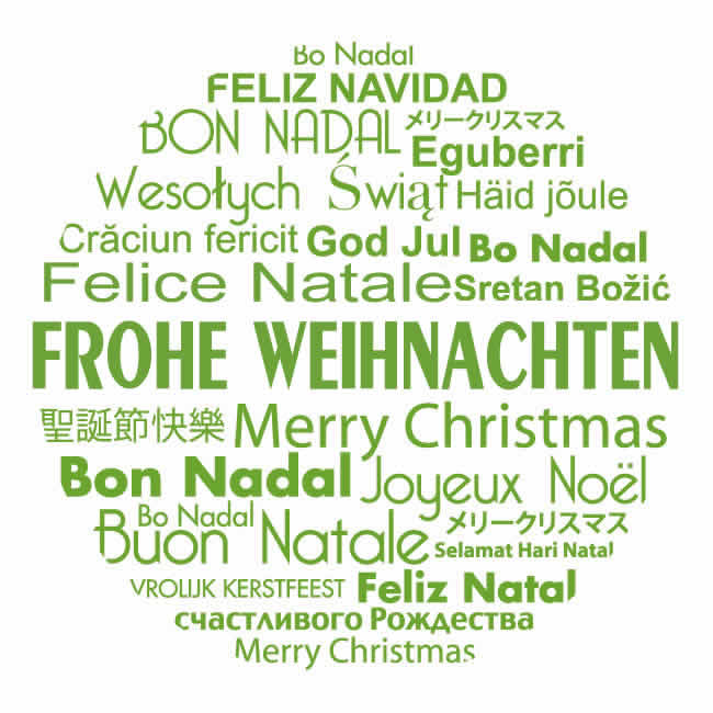 Bild mit Text in einem Kreis von Frohen Weihnachten übersetzt in viele verschiedene Sprachen