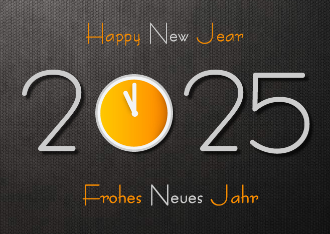 Bild mit Text 2025 und Uhr das markiert fast Mitternacht, um die Ankunft des neuen Jahres zu feiern