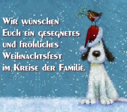 Bild eines süßen kleinen Hundes mit einem Vogel auf dem Kopf und viel Schnee mit einer Frohe-Weihnachten-Nachricht