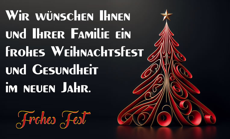 Bild mit stilisiertem goldfarbenem Weihnachtsbaum und Frohes neues Jahr 2024 Text