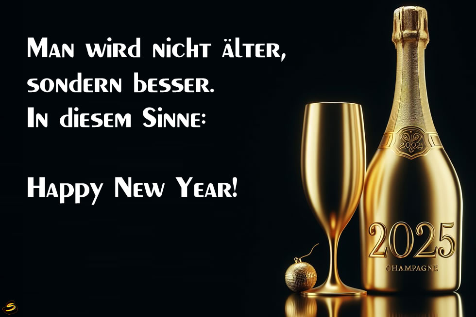 Bild mit einer Flasche Champagner und Gläsern für Mitternachtstoast am 31. Dezember für das neue Jahr mit Begrüßungsnachricht für Arbeitskollegen