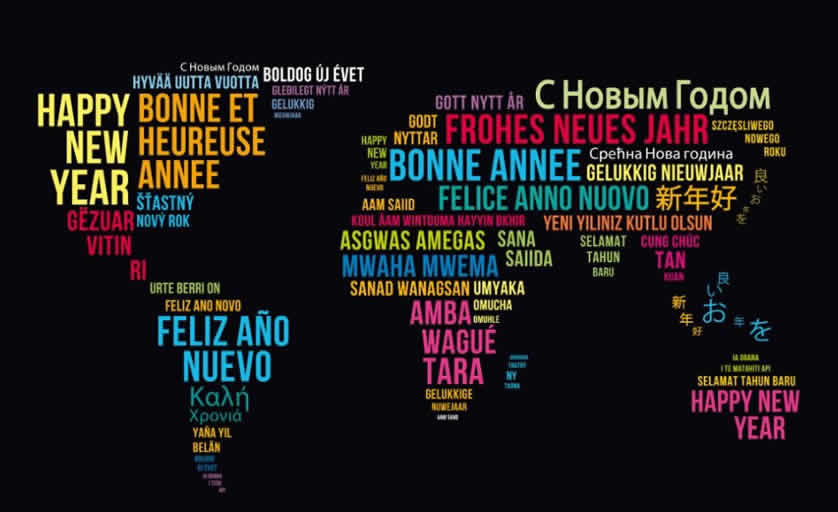Bild mit geografischer Karte mit Angabe, wie Wir sagen frohes neues Jahr in dieser Nation