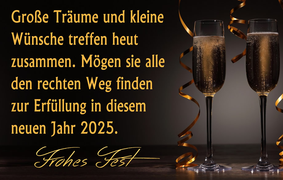 Elegantes Bild auf schwarzem Hintergrund, mit Gläsern voller Champagner, um die Ankunft des neuen Jahres mit dem Text der Wünsche für das neue Jahr zu feiern