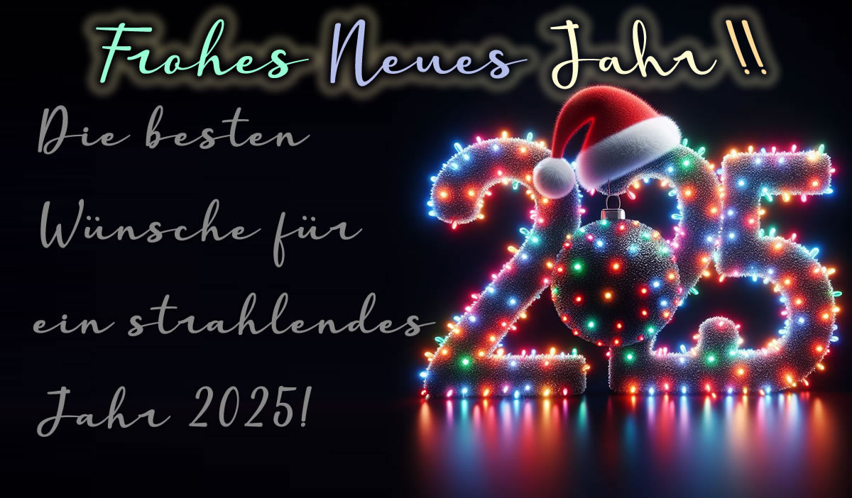 Bild von 2025 beleuchtet mit Weihnachtsbeleuchtung, besten Wünschen für ein glückliches neues Jahr und Hoffnung auf eine glänzende Zukunft.