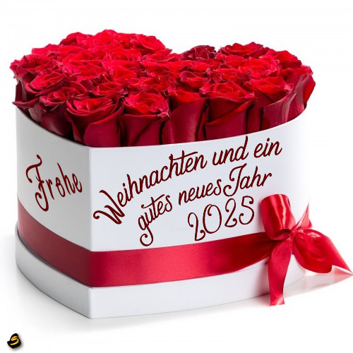 Bild mit einem schönen Strauß roter Rosen in einer herzförmigen Schachtel mit der Aufschrift Frohe Weihnachten und ein gutes neues Jahr 2024