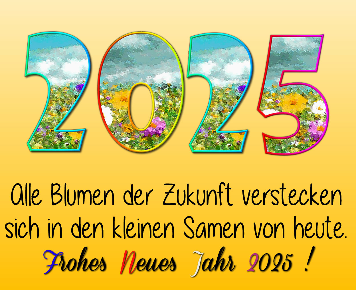 fröhliches und farbenfrohes Bild mit 2025, gebaut mit Zahlen aus Blumen und einer schönen Begrüßungsphrase für ein frohes neues Jahr