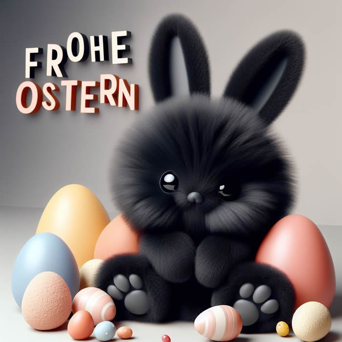 Bild mit Kaninchen und dekorierten Ostereiern