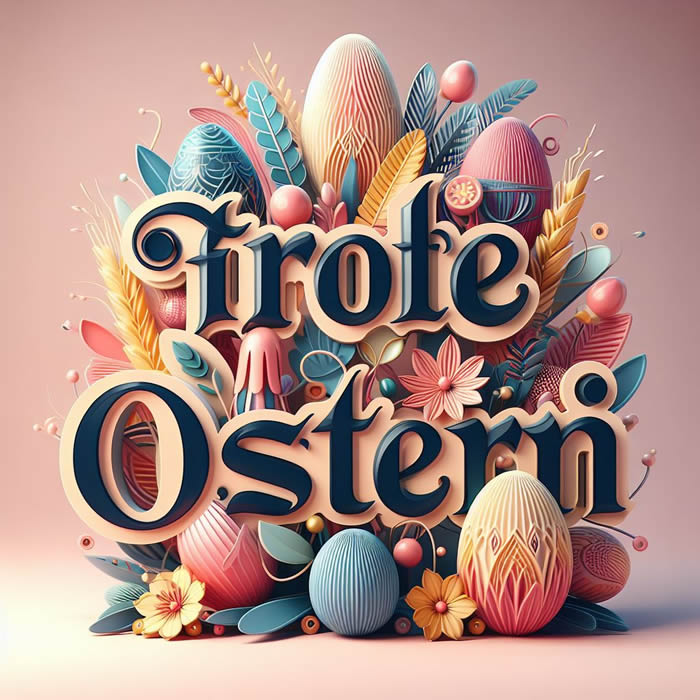 Fröhliche Ostergrüße mit einer Komposition aus Eiern und Blumen mit 3D-Text