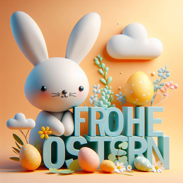 Kaninchen mit fröhlicher Ostern-Schrift in 3D