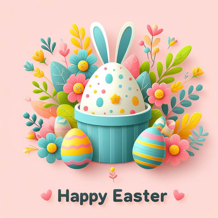 Osterbild mit dekorierten Eiern und Blumen mit Text Frohe Ostern
