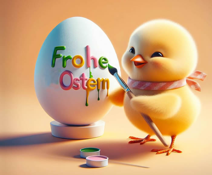 Süßes Küken, das ein Ei malt und „Frohe Ostern“ schreibt
