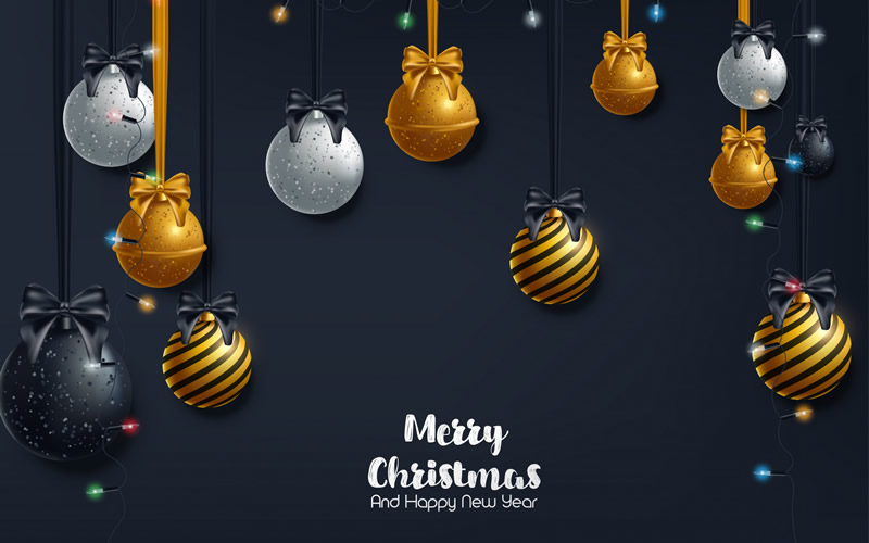 elegantes Bild mit dekorativen Weihnachtskugeln in Englisch Merry Christmas and Happy New Year 2024