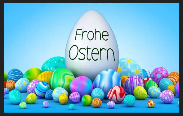 Bild mit vielen dekorierten Schokoladeneiern und einem großen Ei mit den Worten Frohe Ostern