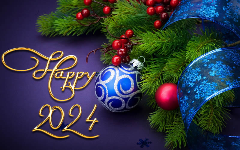 Elegantes Bild mit einer Grußkarte mit einem geschmückten Weihnachtsbaum und einer Happy 2025-Nachricht mit goldener Beschriftung
