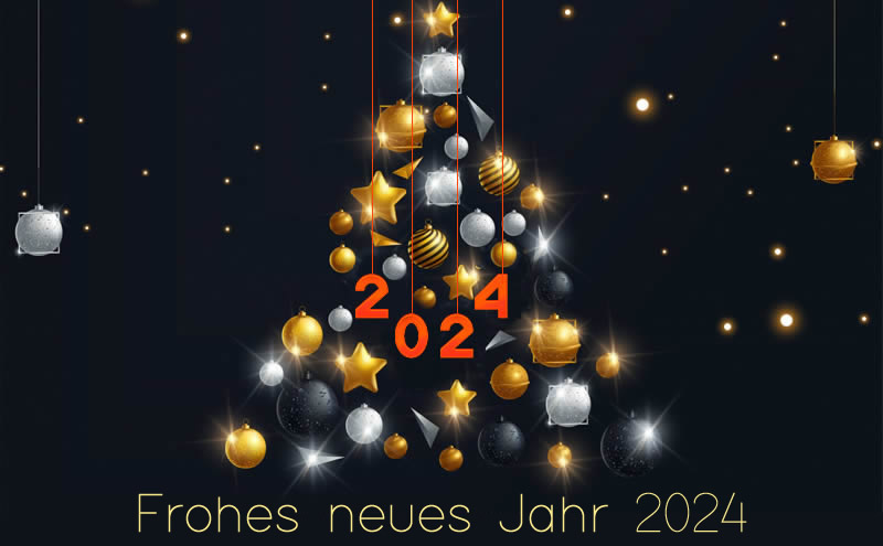 Elegantes Bild mit Weihnachtsbaum, geschmückt mit vielen dekorativen und goldfarbenen Kugeln mit der Nummer 2025