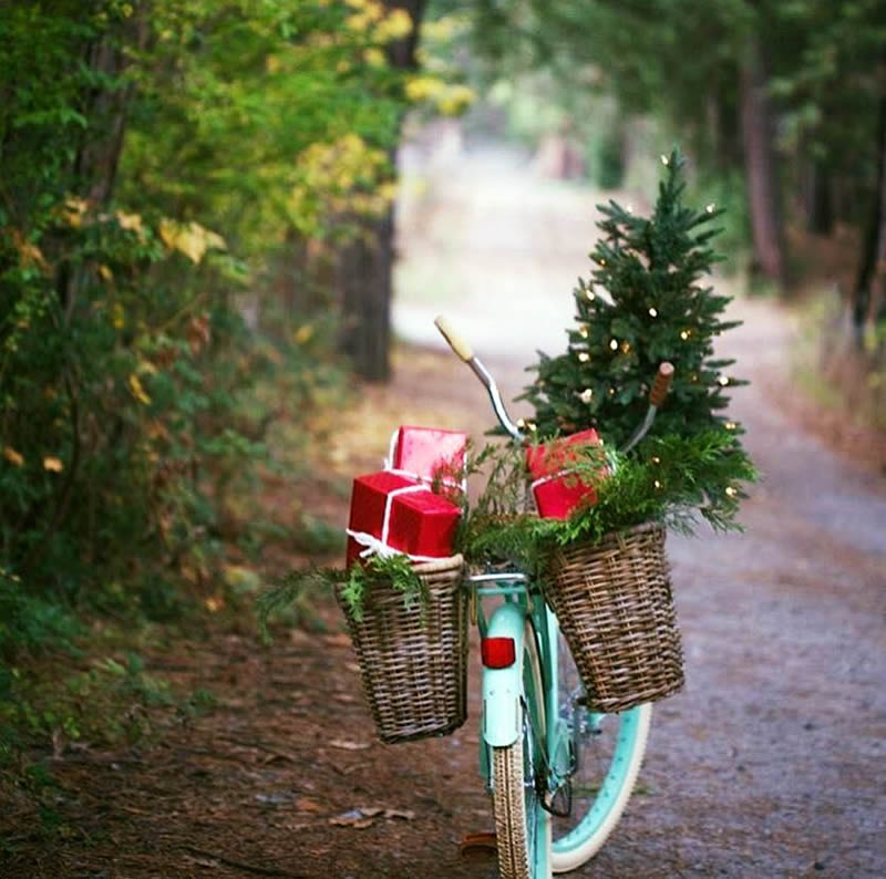 Weihnachtsbild mit einem Fahrrad, das einen Weihnachtsbaum und Geschenke trägt.