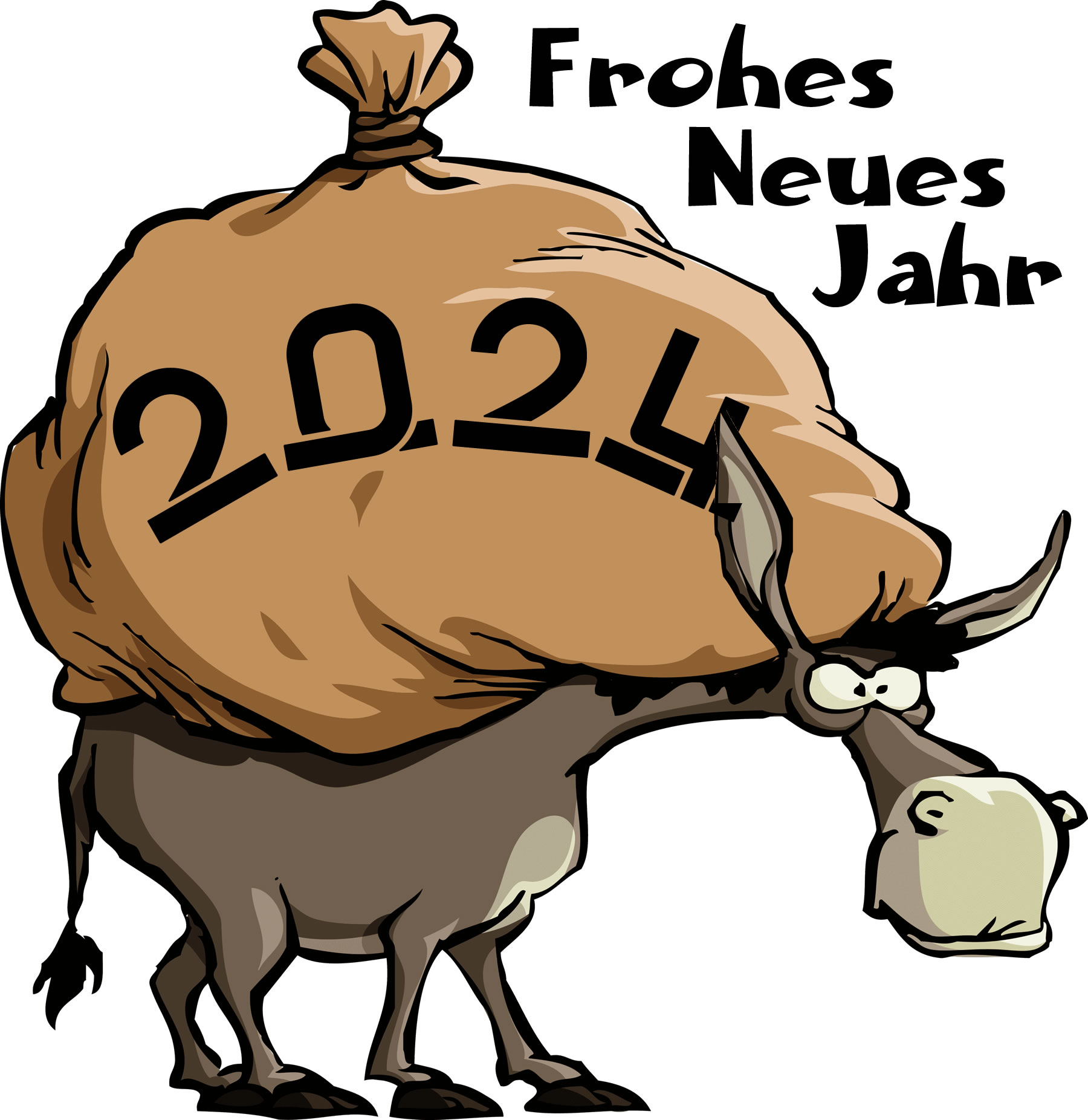 Humorvoller Cartoon mit einem armen Esel, der mit Säcken beladen ist, wird 2025 so sein?