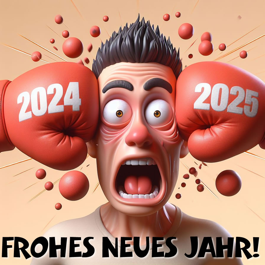 Humorvoller Cartoon-Neujahrsgruß: Mit zwei Fäusten geballt, das Gesicht zwischen dem alten Jahr und dem neuen 2024 zerquetscht.