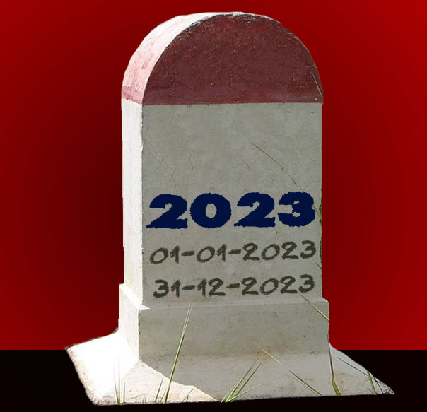 Bild mit Grabstein und Schrift 2025 mit Geburtsdatum 01-01-202 und Sterbedatum 31-12-2025, mit hängender Maske und Coronavirus-Design, ein Ereignis, das dieses Jahr kennzeichnete