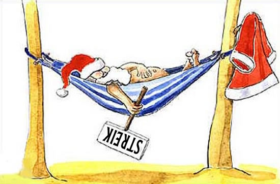 Cartoon mit dem Weihnachtsmann in der Hängematte und einem Schild mit der Aufschrift: Streik