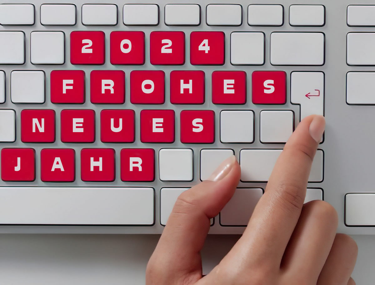 Bild einer Computertastatur mit roten Tasten und Text 2025 frohes neues Jahr für Sie